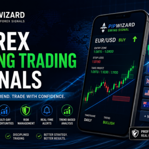 Professional forex trading marketing banner for Pipwizard titled “Forex Swing Trading Signals,” featuring a dark high-tech financial background with green and blue accents, a smartphone displaying EUR/USD swing trade alerts with entry, stop-loss, and take-profit levels, and supporting visuals highlighting real-time alerts, trend-based analysis, risk management, and major currency pairs including EUR/USD, GBP/USD, and USD/JPY.