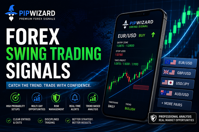 Professional forex trading marketing banner for Pipwizard titled “Forex Swing Trading Signals,” featuring a dark high-tech financial background with green and blue accents, a smartphone displaying EUR/USD swing trade alerts with entry, stop-loss, and take-profit levels, and supporting visuals highlighting real-time alerts, trend-based analysis, risk management, and major currency pairs including EUR/USD, GBP/USD, and USD/JPY.