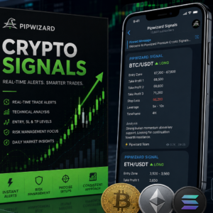 Pipwizard Crypto Signals product image featuring real-time crypto trade alerts, Telegram trading signals, Bitcoin and Ethereum market analysis, technical analysis tools, and professional crypto trading setups on a mobile trading interface