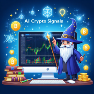 Cartoon wizard in blue attire casting a spell on a computer screen displaying cryptocurrency charts, with Bitcoin and Dollar symbols floating around, against a starry backdrop with ‘AI Crypto Signals’ text.