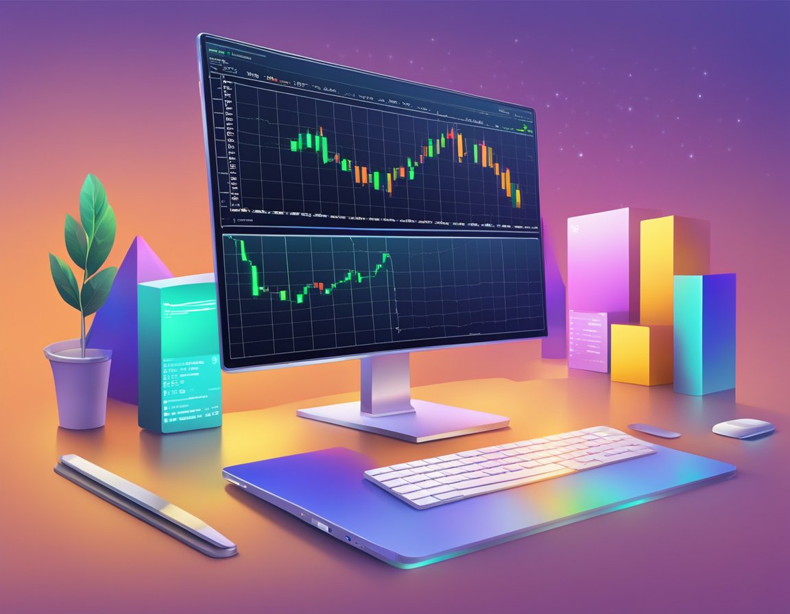 A monitor on a desktop with forex trading charts.