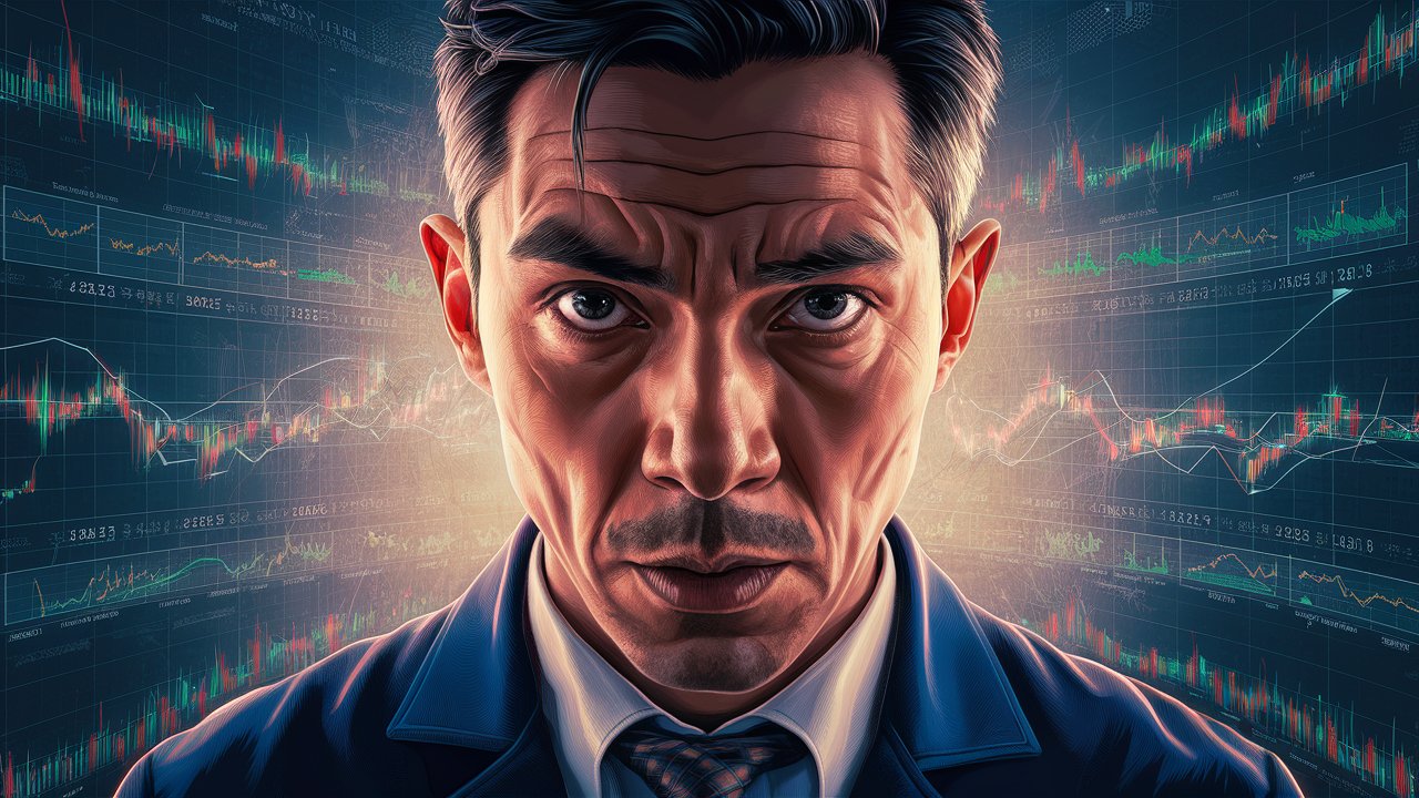 A serious-looking man in a business suit stares intently at the camera, with a backdrop of financial graphs and charts displaying various market data. His furrowed brow and focused expression suggest deep concentration, highlighting the intensity and psychological challenges of Forex trading.