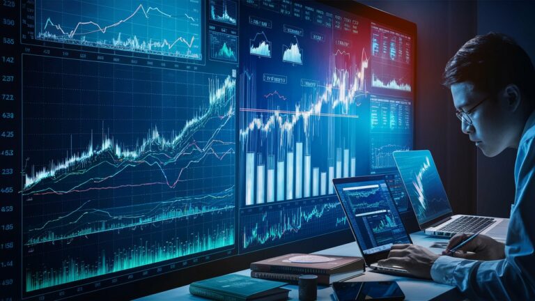 A captivating visual representation of Technical Analysis Trading, depicting a large screen displaying various graphs, charts, and line graphs.