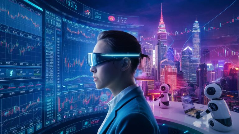A modern, futuristic image of technological trends in forex trading. A sleek holographic interface displays various currency pairs, charts, and trading data. Augmented reality glasses are visible on a trader's face, showing real-time market updates.
