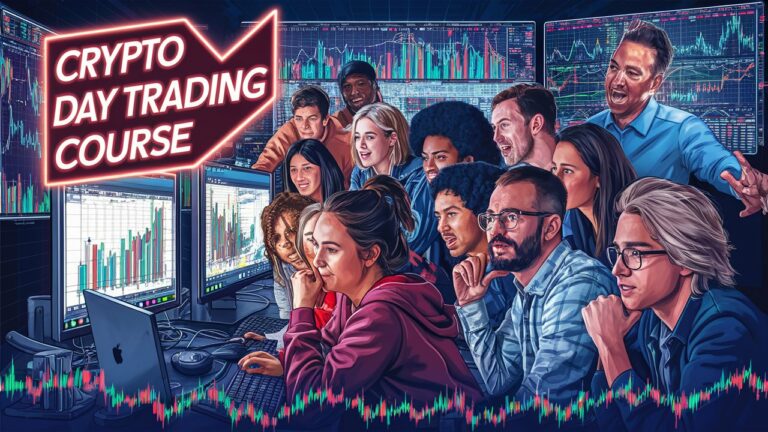 The instructor, an experienced and passionate trader, is shown in the corner. A neon 'Crypto Day Trading Course' banner adorns the top of the screen, while a ticker at the bottom indicates rapid fluctuations in the cryptocurrency market.