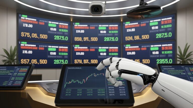 An AI-powered robotic hand makes trades on a stock market trading platform, demonstrating automation in finance.