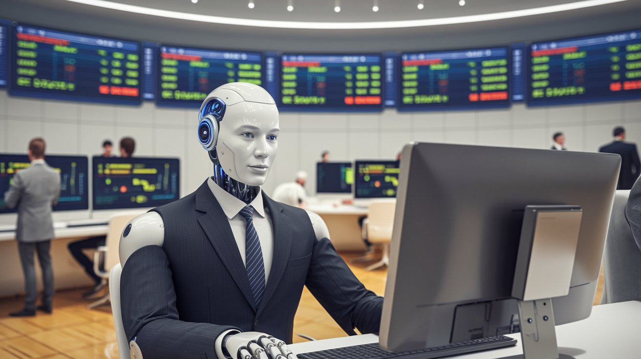 A futuristic robot in a suit, working at a computer in a bustling forex trading room, surrounded by screens displaying currency exchange rates and human traders in the background.