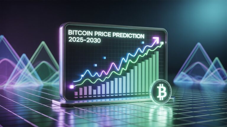 A futuristic digital display showing "Bitcoin Price Prediction 2025-2030" with a glowing chart of upward-trending lines and bars in neon colors. A Bitcoin symbol coin sits beside the screen, set against a grid floor with abstract, colorful wave patterns in the background.