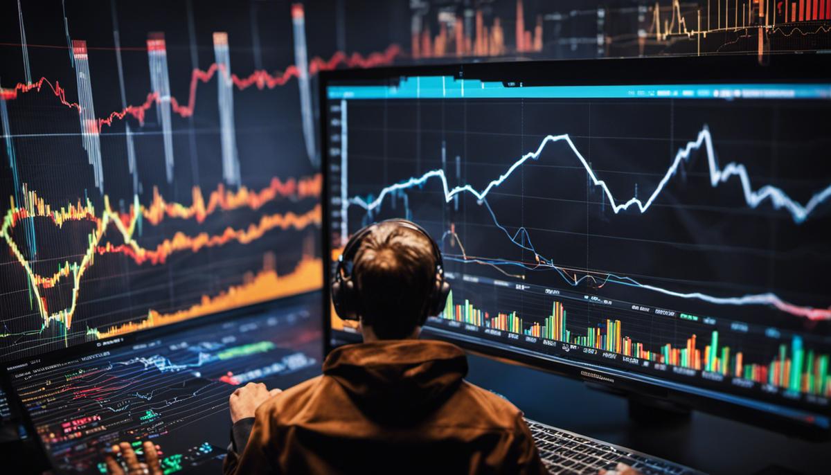 Image depicting AI analyzing cryptocurrency market data in front of a varying chart