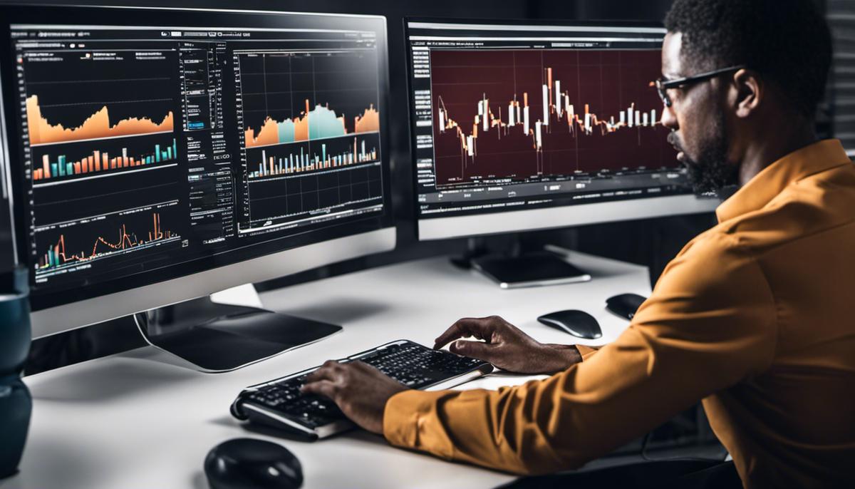 An image of a person analyzing charts and graphs on a computer screen.