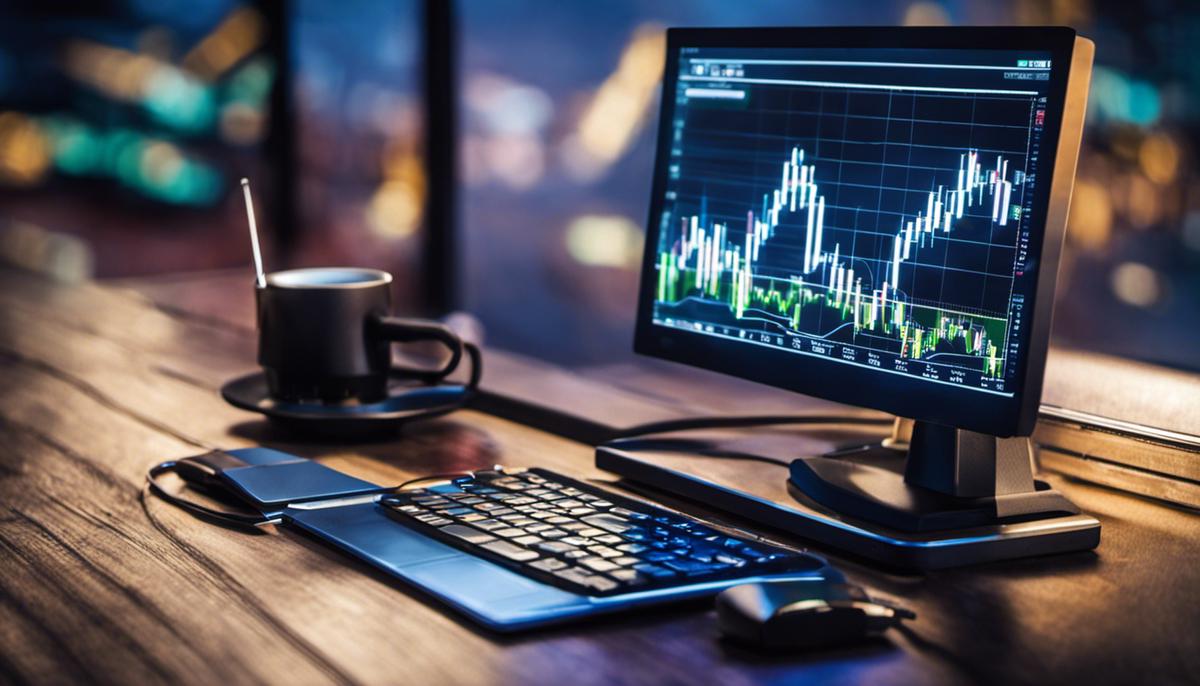 A concept image of a forex trading bot in action, displaying a computer screen with currency charts and trading indicators.